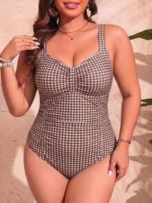 Slaydiva Plus Size Vacation Beach Plaid One-Piece Swimsuit - Brown - View 1