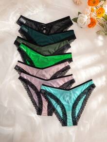 SHEIN Conjunto de 7 piezas de bragas triangulares cómodas con patchwork de encaje para mujer - Multicolor - Ver 7