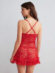 Elorette 深紅色緞面蕾絲拼接荷葉邊綁帶深V甜美可愛性感女款睡裙 - 紅色 - 查看 2