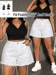 SHEIN PETITE CURVE Plus Size Women's Summer Frayed Pocket Ripped Denim Shorts - White - View 1
