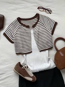 Comfortcana Women's White And Brown Raglan Short Sleeve Casual French Thin Cardigan Brunch Summer - Multicolor - View 3