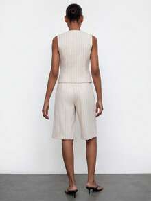 Maija Apricot Striped Summer Fall Urban Women 2 Pieces Set Asymmetric Front Top Sleeveless Fitted Waist Wide Leg Casual Wrap Pants Festival Going Out Casual - Apricot - View 6