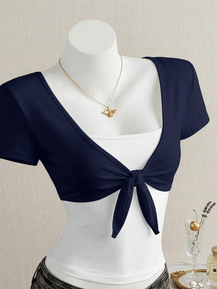 Flirla 大尺碼女款撞色 2 合 1 短袖休閒 T 恤 - 彩色 - 查看 1
