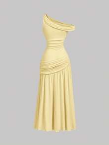 SHEIN MOD Gaun Wanita Polos Warna Kuning Pucat Elegan dengan Leher Asimetris dan Detail Kerut, Cocok untuk Liburan Musim Panas - Kuning muda - View 5