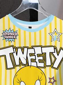 LOONEY TUNES X SHEIN 女士休闲时尚街头日常通勤趣味卡通字母条纹印花短袖T恤，夏季 - 白色 - 查看 4