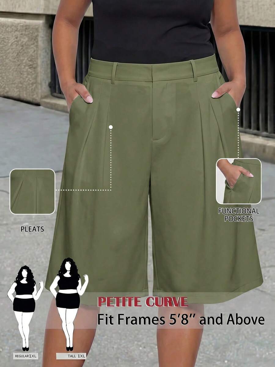 SHEIN Tall CURVE 大尺碼女款純色口袋休閒日常穿著西裝長褲 - 軍綠色 - 查看 1