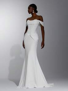 Elitara Elegant Luxurious Satin Off-Shoulder Ruched Bust Fan-Shaped Waist Pleats Flattering Belly Bodycon Mermaid Tail Long Skirt Style, Suitable For Wedding Ceremony, Celebration, Red Carpet Event, Luxury Reception And Evening Party, Outdoor Forest Beach, Multi-Occasion Bridal Gown, Wedding Dress, Wedding Guest Dress, Long Gown - White - View 2