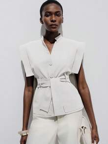 Aveloria Modichic European & American Style Spring/Summer New Fashion Versatile Solid Color Flutter Sleeve V-Neck Tie Waist Sleeveless Blouse - White - View 7