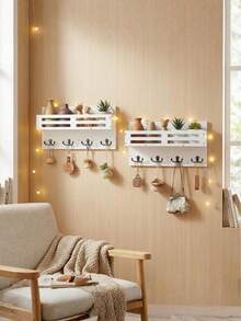 1pc Multi-Functional Wall-Mounted Storage Rack For Living Room, Multi-Layer Wall Hanging Home Organizer, Entryway Key Holder - White - View 9