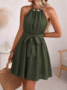EMERY ROSE Women's Spring/Summer French Elegant Luxury Minimalist High-End Design Casual Bohemian Vacation Office Commute Old Money Style Comfortable Solid Color Faux Linen Fabric Ruched Neckline Beaded Decor Elastic Waist Self-Fabric Belt Cinched Waist A-Line Spaghetti Strap Tie Strap Pocket Short Dress - Army Green - View 6