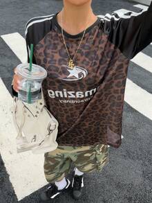 Muchica Women's Leopard Print Letter Graphic Patchwork Casual Street Wear Everyday T-Shirt Everyday Black And White Leopard Print Autumn - Multicolor - View 6