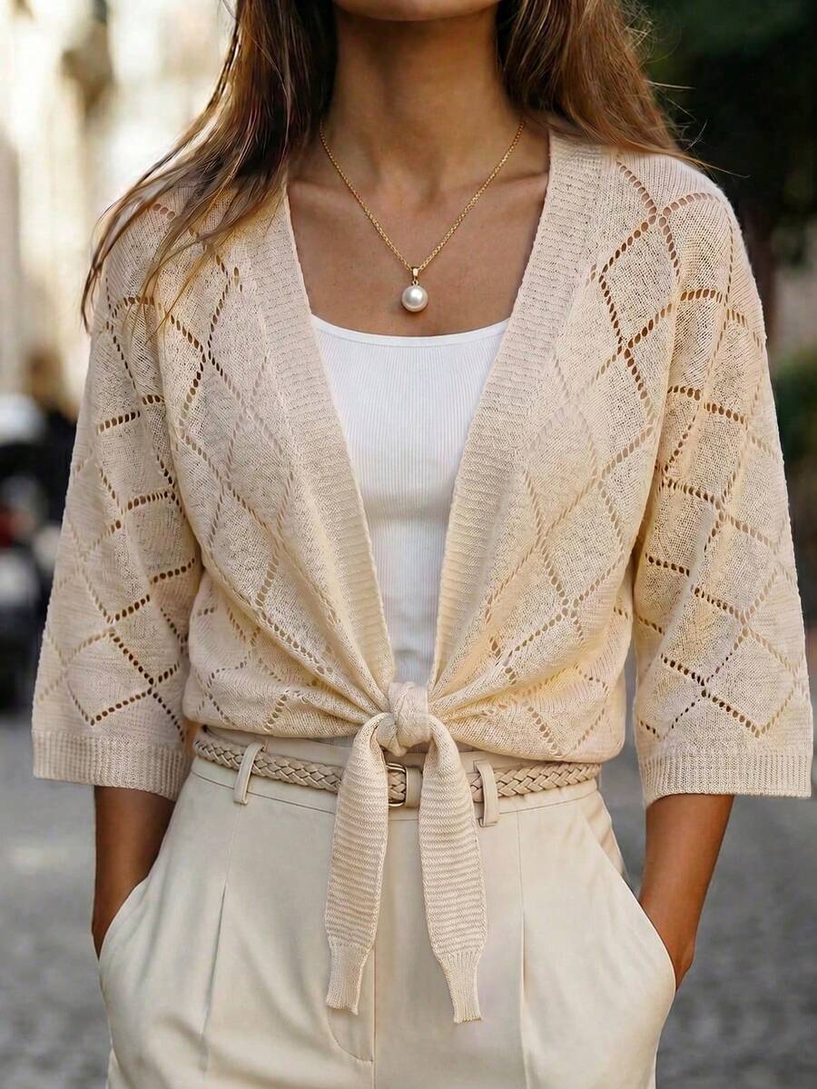 SHEIN Holidaya Cardigan Rajut Wanita Warna Polos Lengan 3/4 dengan Simpul Pinggang dan Lubang di Bagian Dalam - Aprikot - View 1