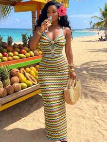 Glyssa Summer Vacation Colorful Wavy Striped Knit Bodycon Dress For Women, Heart-Shaped Neckline With Thin Shoulder Straps, Hollow-Out Detail, Slim Fit, Mid-Length Dress Suitable For Party And Club Occasions - Multicolor - View 3