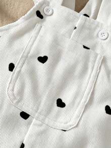 SHEIN Vintaside Kids 1件女嬰休閒可愛粉色愛心吊帶連身褲，適合外出與派對，燈芯絨面料 - 黑與白 - 查看 4