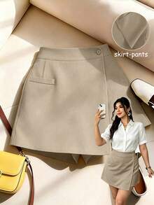 GlowEve CURVE Plus Size Women's Summer New Woven Gray Slimming Ruched A-Line 2 In 1 Faux Pocket Button Decor Design Shorts, Fitness Formal Office Sports - Khaki - View 1