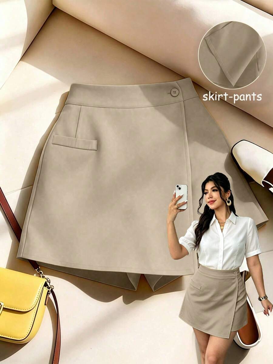 GlowEve CURVE Plus Size Women's Summer New Woven Gray Slimming Ruched A-Line 2 In 1 Faux Pocket Button Decor Design Shorts, Fitness Formal Office Sports - Khaki - View 1
