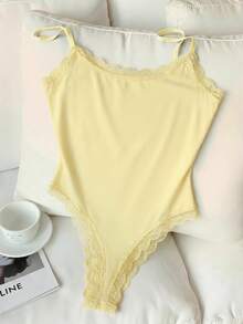 Comfortcana Women's Solid Color Lace Patchwork Elegant Sleeveless Bodysuit For Summer - Mustard Yellow - View 4
