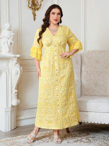 Reflora Vestido elegante de mujer talla grande con cuello en V, diseño de botones y puños con volantes en jacquard - Amarillo - Ver 7