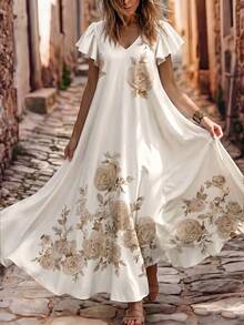 Holdful Holdful Women's V-Neck Ruffle Sleeve Short Sleeve Elegant Celestial Sexy Casual Boho Rose Pattern Floral White Dress A-Line Party Formal Summer - Multicolor - View 9