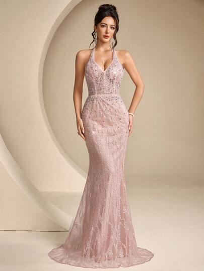 Coutiva Women's Halter Neck Beaded Embroidery Sequins & Sequins Embellished Formal Evening Gown (Heavy Workmanship)