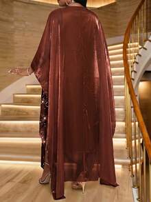 Fleurora Plus Size Elegant French Style Sequin Detail Dress For Evening Party And Date - Coffee Brown - View 2