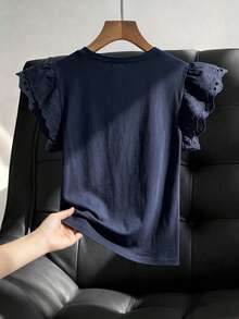 Franclia Women's Solid Color Round Neck Hollow Embroidery Ruffle Sleeve Casual T-Shirt - Navy Blue - View 2