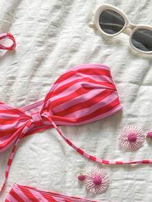 SHEIN Swim 夏季女款度假穿搭 母親節紅色條紋性感比基尼 2 件套 海灘派對度假裝 - 紅色 - 查看 4