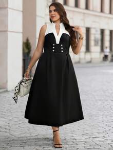 SHEIN Clasi CURVE Women's Plus Size Black And White Decorative Buckle Waist-Cinching Spring/Summer Dress Teachers' Day Formal Brunch Eleganza Elegant - Black and White - View 7