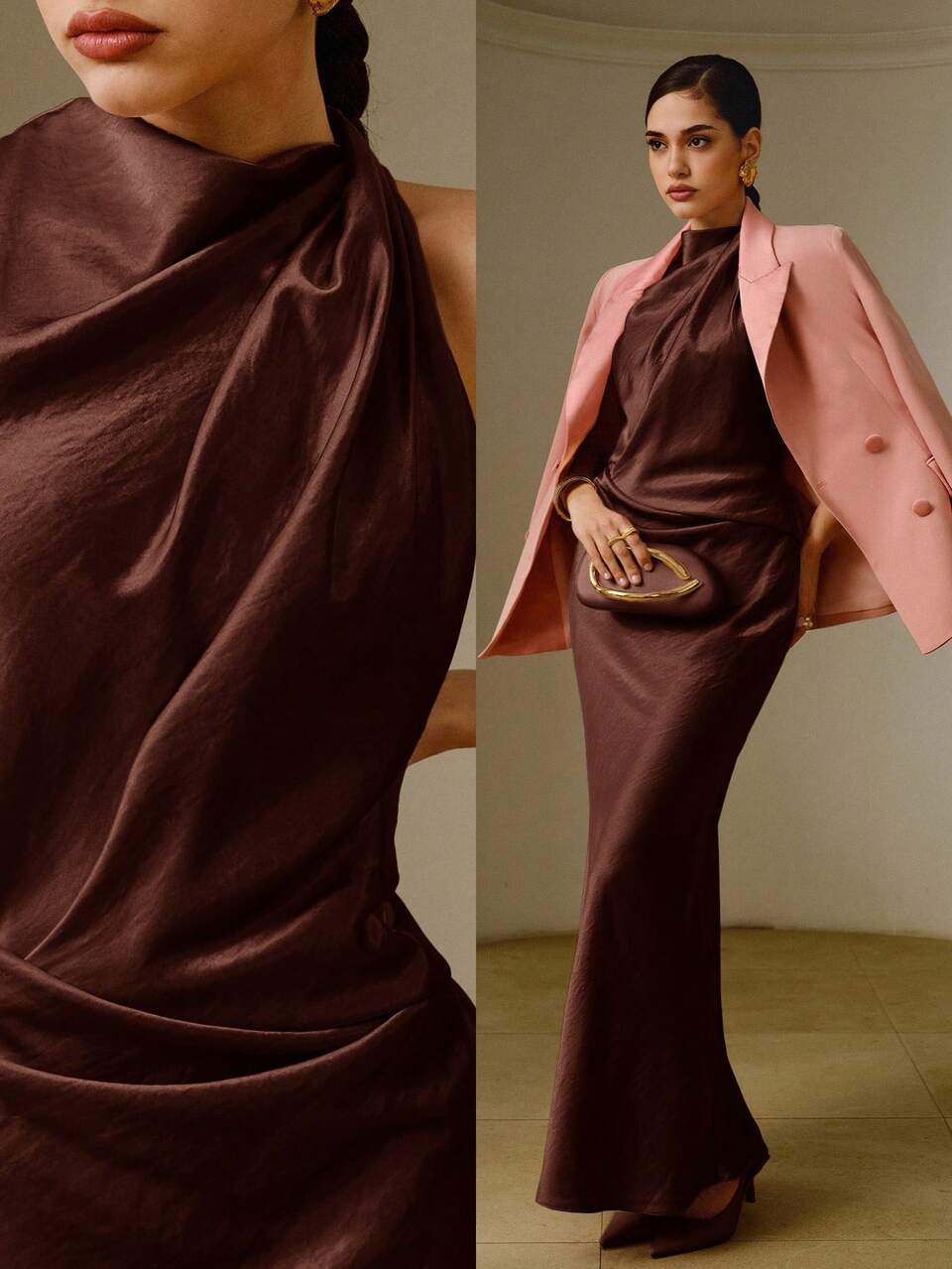 ZEYLAH Halter Neck Satin Elegant Long Dress For Women