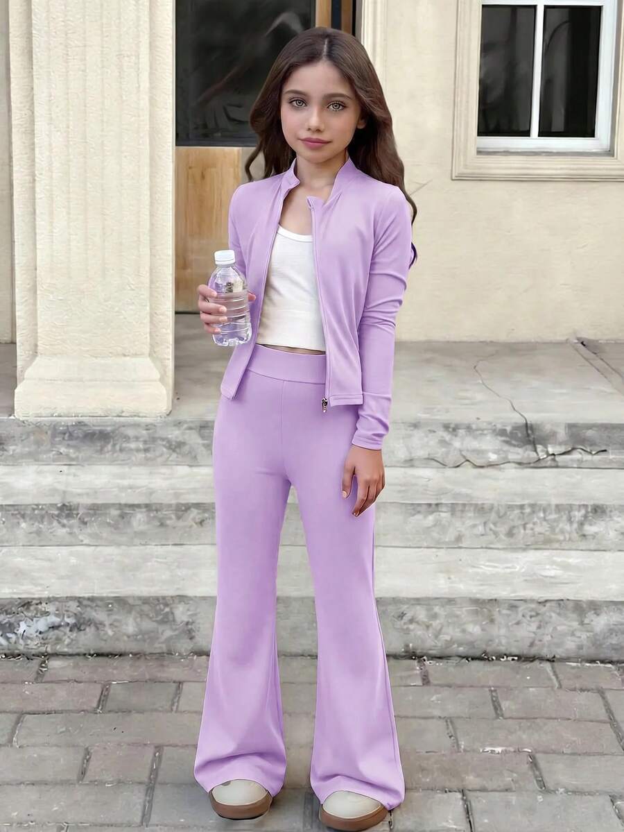 SHEIN Tween女孩休閒純色咖啡棕長袖上衣與喇叭褲2件套 - 紫色 - 查看 1