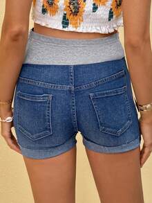 SHEIN Maternity Denim Shorts,Casual Elastic Skinny Shorts,Dusty Blue,Summer Beach Fashion,Mother's Day Gift,Suitable For Parties,Holidays,Dates,Vacation - Multicolor - View 2