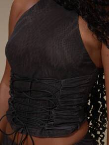 MUSERA Black Mesh Snake Print Halter Top With Ruched Lace-Up Top - Multicolor - View 6