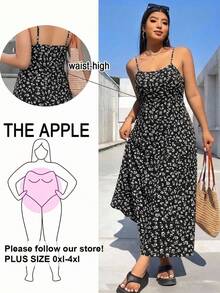 SHEIN EZwear 大尺碼女款花卉方領細肩帶洋裝 夏季時尚 - 黑色 - 查看 1