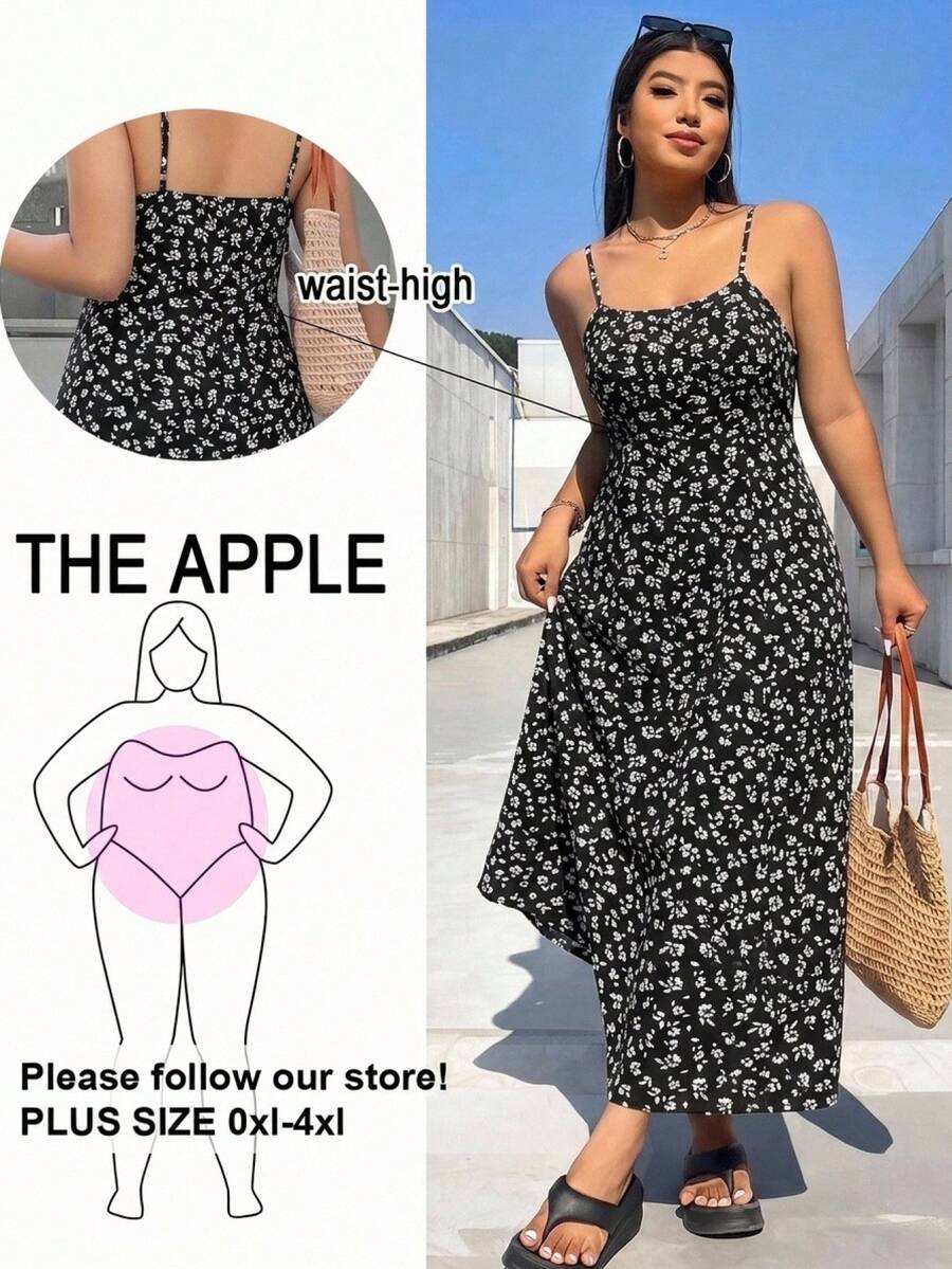 SHEIN EZwear 大尺碼女款花卉方領細肩帶洋裝 夏季時尚 - 黑色 - 查看 1