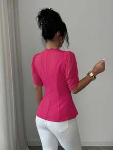 SHEIN Elenzya Women's Elegant Romantic Tailored Blazer With V-Neck, Pleated And Cinched Waist - Hot Pink - View 2