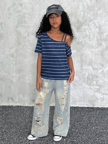 青少年女孩條紋不對稱領口T恤，夏季家庭套裝街頭風上衣 - 藏蓝色 - 查看 2