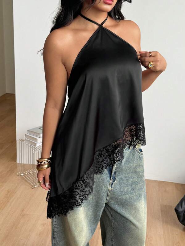 Coolane Women's Plus Size Summer Fall Going Out Formal Vacation Beach Casual Boho Outfit Versatile Daily Outing Lace Patchwork Black Halter Top