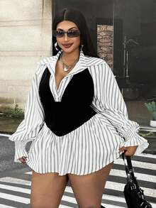 Mawevolt Korean Style Striped Polo Collar Shirt, Slim Fit Flattering Commuter Versatile Plus Size Women's Top Fall - Black and White - View 5