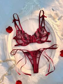 Crystal Vow Romantic Embroidered Bridal Lingerie Set 2pcs - Burgundy - View 2