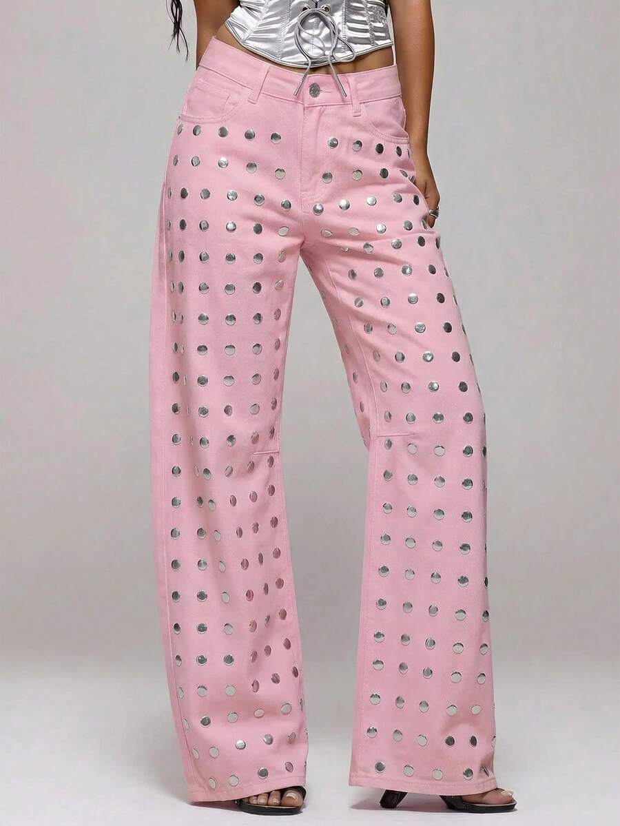 MUSERA Mid Rise Mirror Studded Baggy Fit Straight Leg Jeans Autumn Fall Winter Night Out Elegant Sexy Party Occasion Premium Midnight Alloy Spring Summer - Pink - View 1