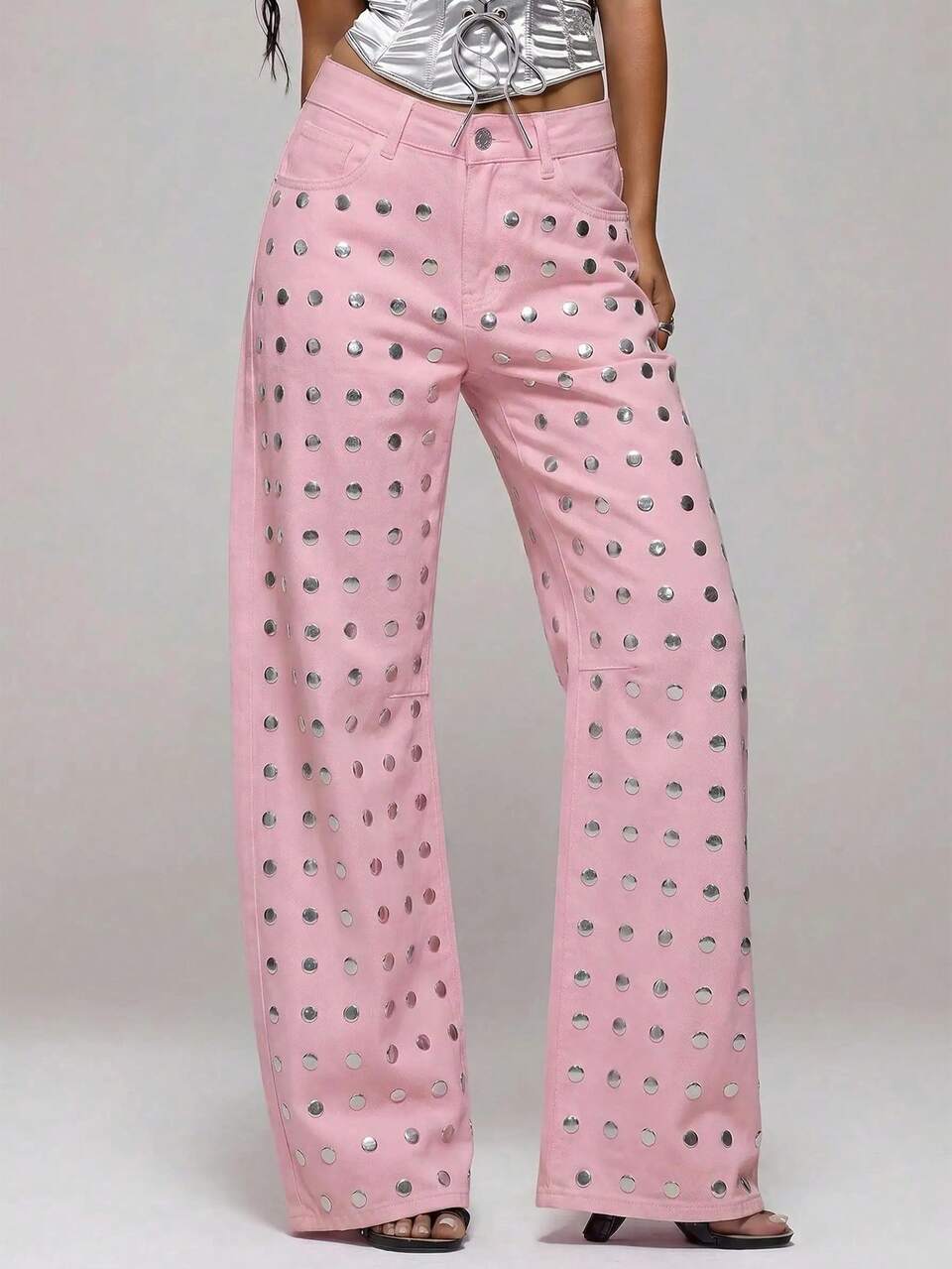 Jeans de tiro medio con tachuelas de espejo, corte holgado y pierna recta, para otoño, invierno, noche, elegante, sexy, fiesta, ocasión, premium, aleación medianoche, primavera, verano