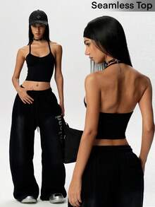 Dewbera Dewbera Women's Solid Color Casual Athleisure Athleisure Athletic Modest Daily Wear Sports Halter Neck T-Shirt Gym Workout Black Summer Gym Workout - Black - View 1