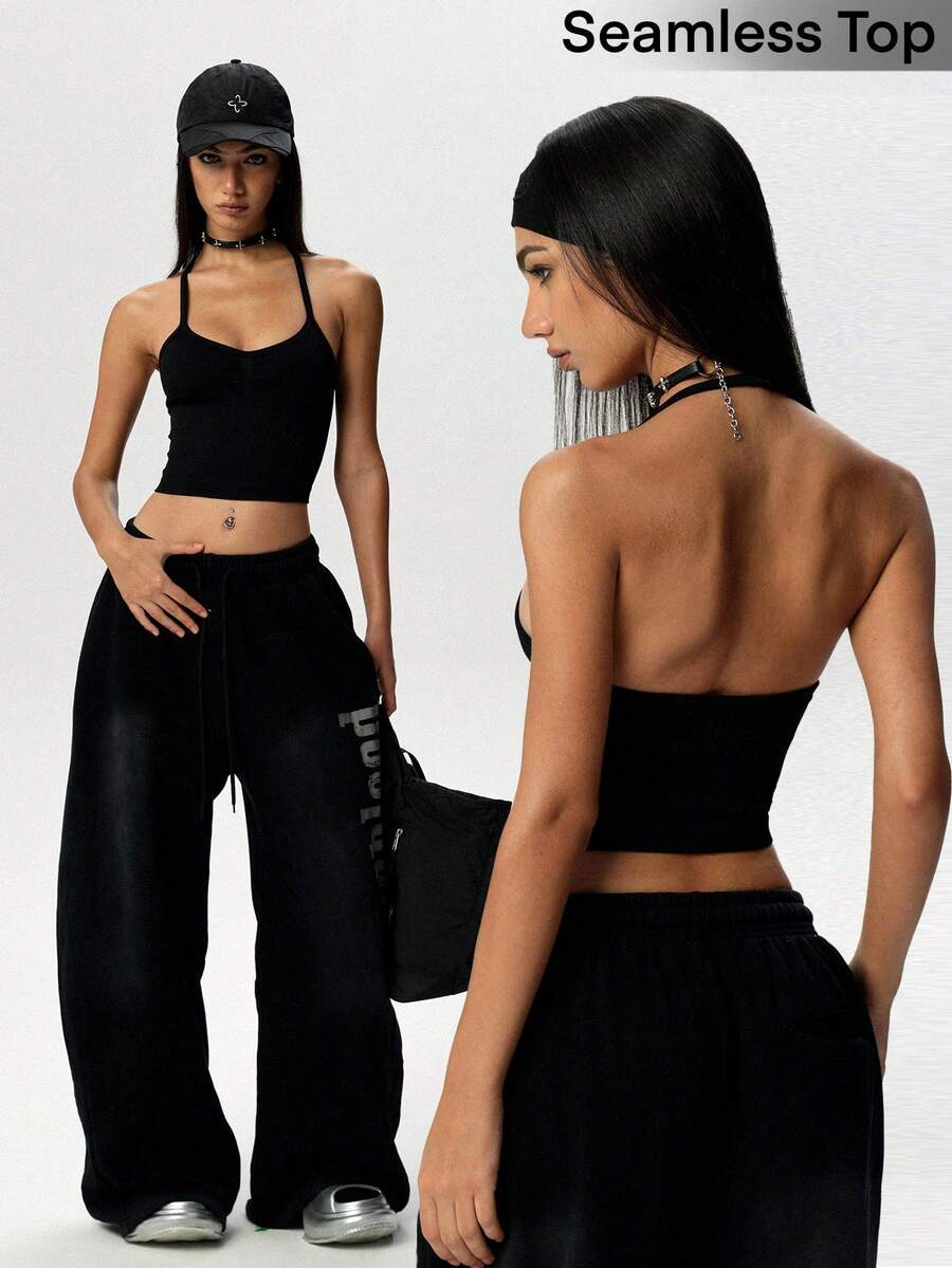 Dewbera Dewbera Women's Solid Color Casual Athleisure Athleisure Athletic Modest Daily Wear Sports Halter Neck T-Shirt Gym Workout Black Summer Gym Workout - Black - View 1