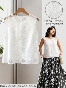 Elenzga 1pc Hollow Embroidery Woven Fabric Sleeveless Round Neck Lace Trim Patchwork Design Scalloped/Wavy Hollow Hem Spring Summer Blouse Elegant Casual Commute Date Afternoon Tea Vacation Travel Leisure Streetwear Exquisite Elegant Daily Wear Spring Summer Blouse - White - View 1