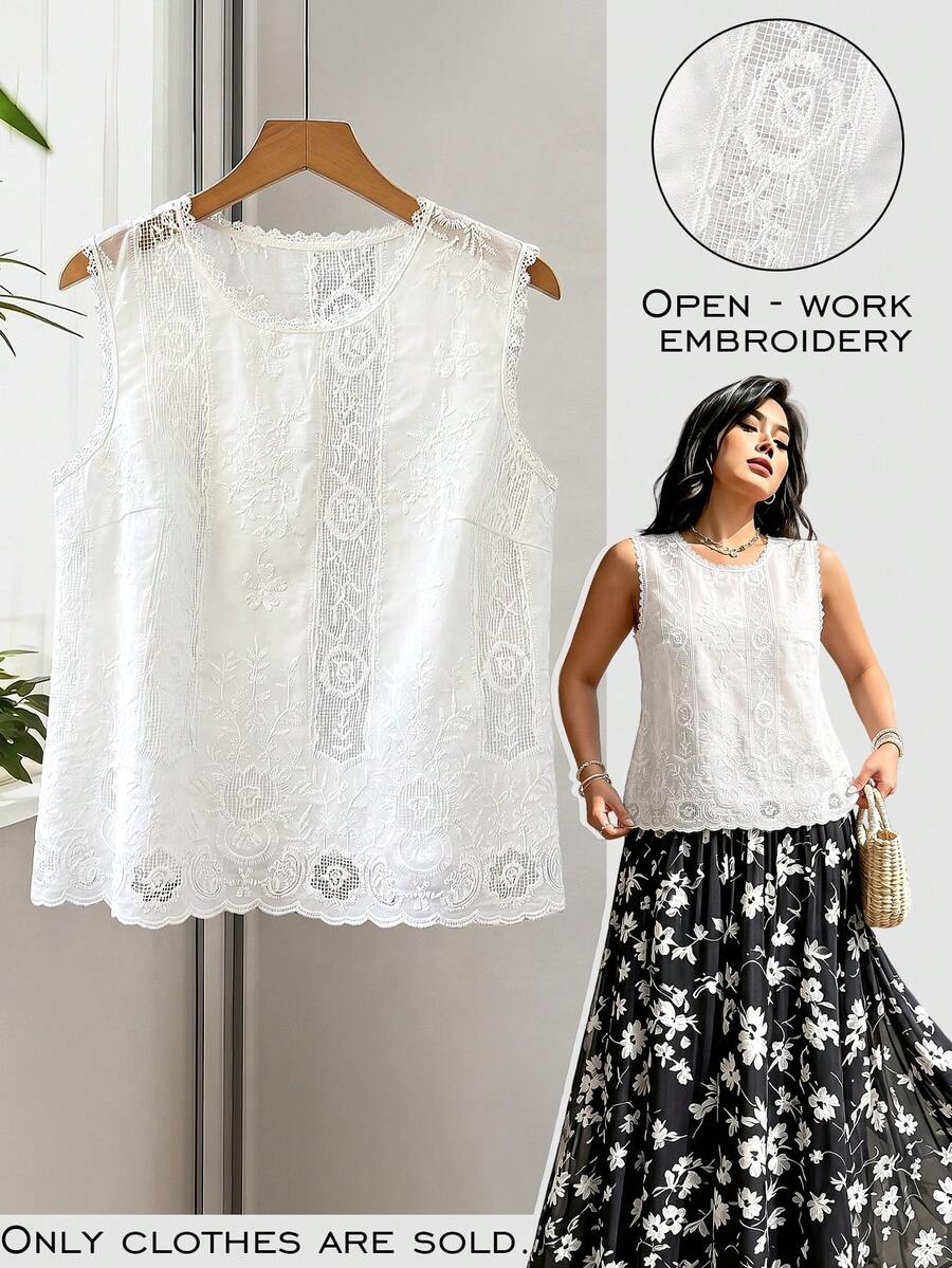 Elenzga 1pc Hollow Embroidery Woven Fabric Sleeveless Round Neck Lace Trim Patchwork Design Scalloped/Wavy Hollow Hem Spring Summer Blouse Elegant Casual Commute Date Afternoon Tea Vacation Travel Leisure Streetwear Exquisite Elegant Daily Wear Spring Summer Blouse - White - View 1