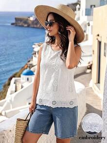 Elenzga 1pc Hollow Embroidery Woven Fabric Sleeveless Round Neck Lace Trim Patchwork Design Scalloped/Wavy Hollow Hem Spring Summer Blouse Elegant Casual Commute Date Afternoon Tea Vacation Travel Leisure Streetwear Exquisite Elegant Daily Wear Spring Summer Blouse - White - View 3