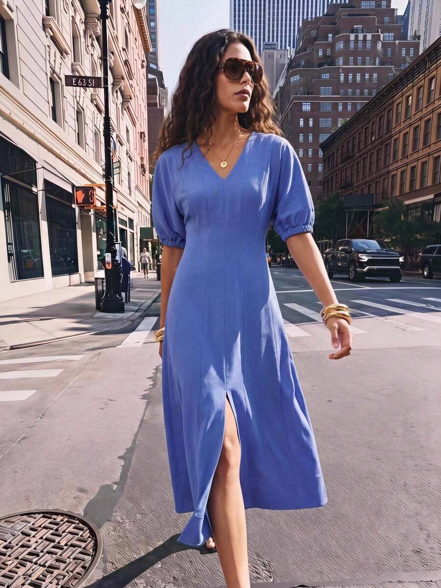 Maija Women's Solid Color V-Neck Batwing Short Sleeve Elegant French Matching Long Dress, Going Out Vacation Brunch Tea Party Outfits, Summer Cobalt Blue