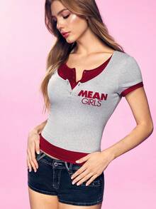 Mean Girls | SHEIN Women's Letter Print 2 In 1 Patchwork Fitted Skirt Summer T-Shirt - Grey - View 5