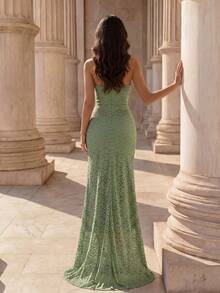 Coutiva Vestido de gala sin tirantes con patrón de encaje decorado con pedrería verde para mujer - Verde - Ver 2