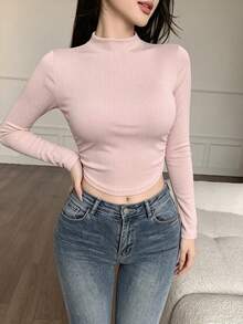 Modelyn Women's Pink Semi-High Neck Long Sleeve Slim Fit T-Shirt, Comfortable Inner Layer For Spring And Autumn, Suitable For Outings Going Out Sexy - Green - View 3